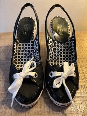 Coach Black Slingback Platform Wedge with White Laces size 9